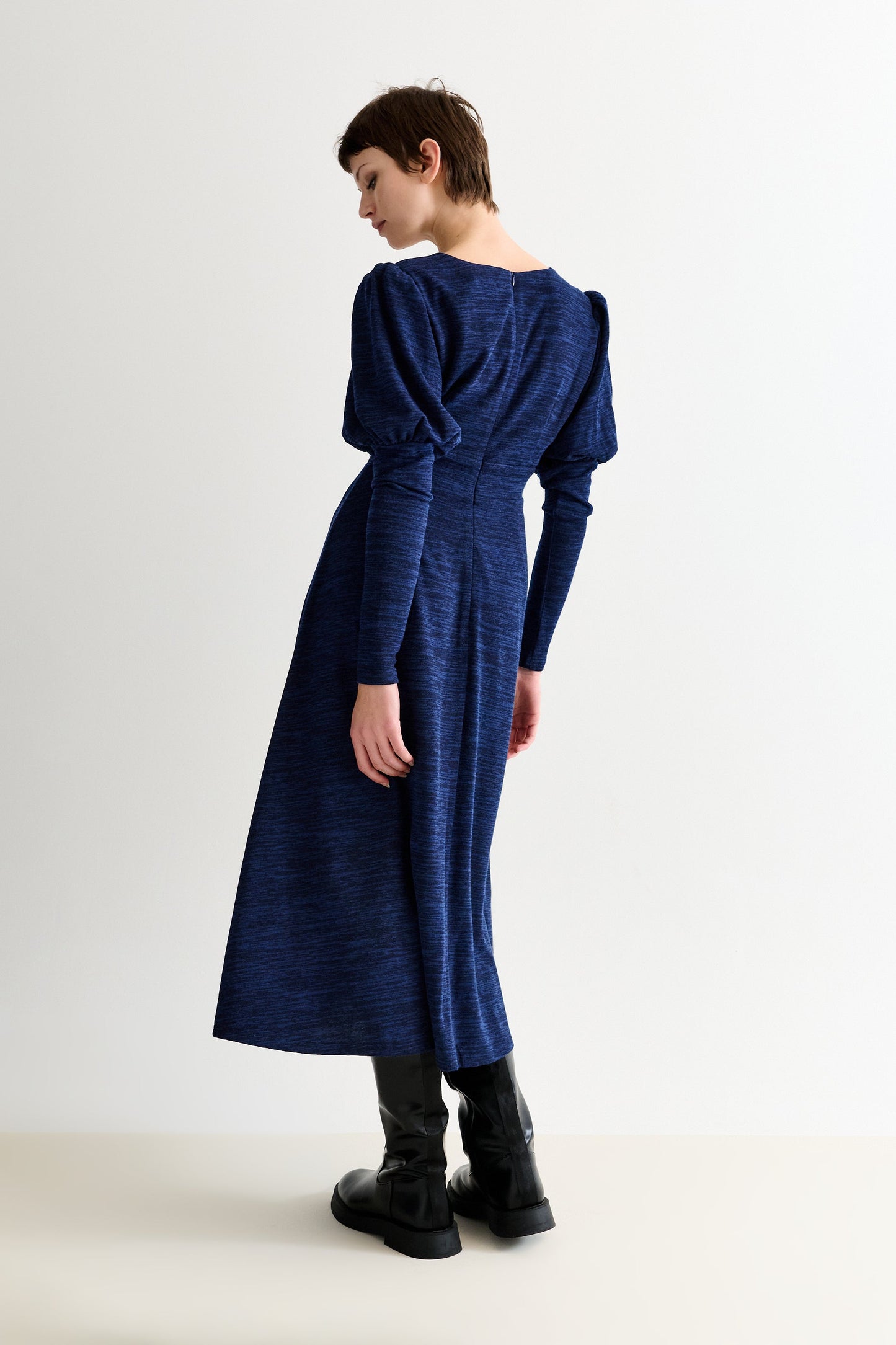 Moa Sustainable Marl Puff Sleeve V Neck Midi Dress - Navy