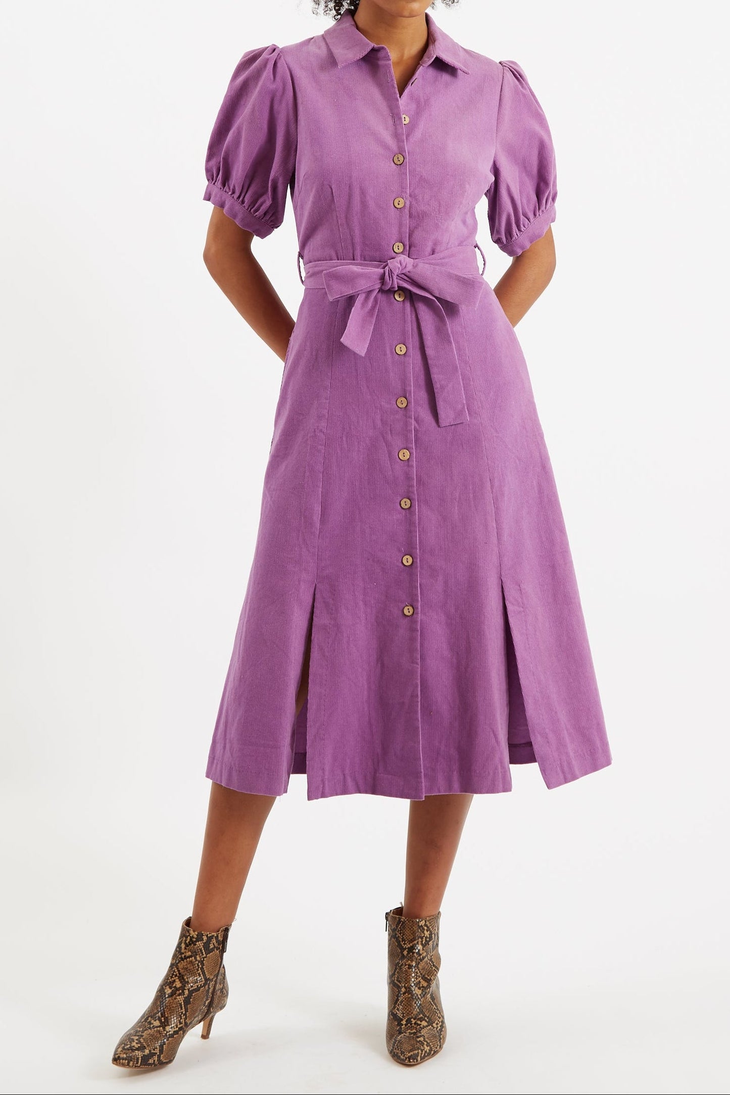 Mollie Lilac Baby Cord Puff Sleeve Midi Dress