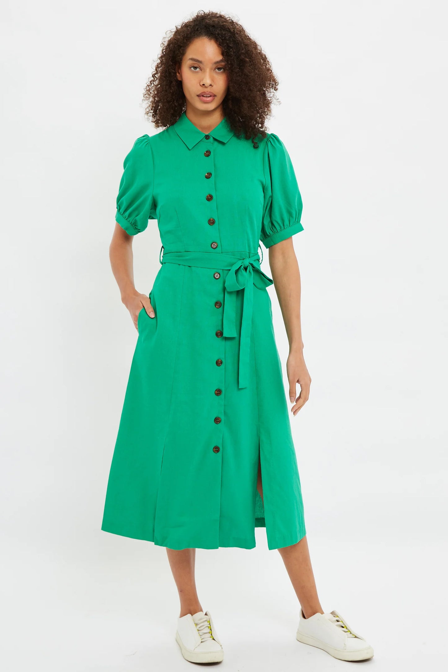 Louche Mollie Button Through Midi Short Sleeve Shirt Dress In Green