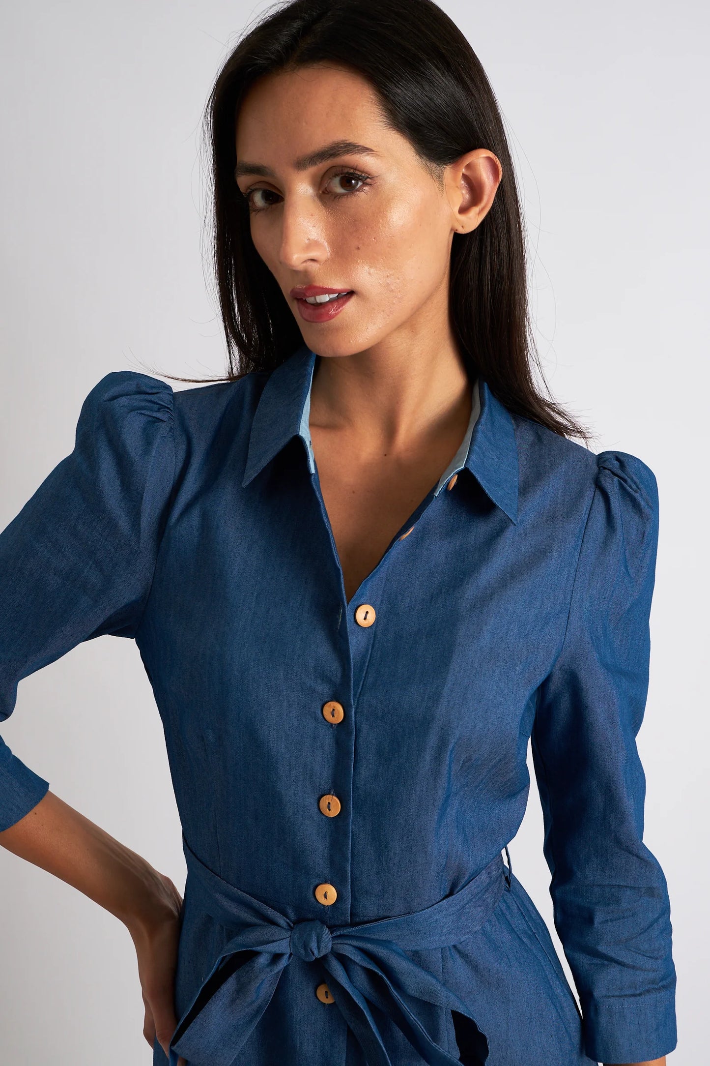 Monick 3/4 Sleeve Chambray Midi Shirt Dress