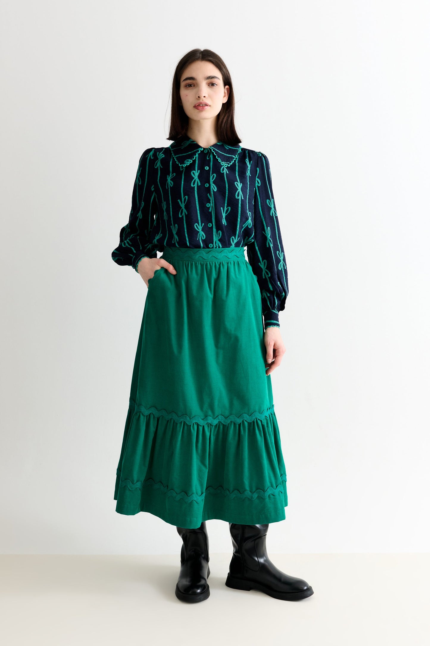 Montana Babycord Ric Rac Trim Tiered Midi Skirt - Teal