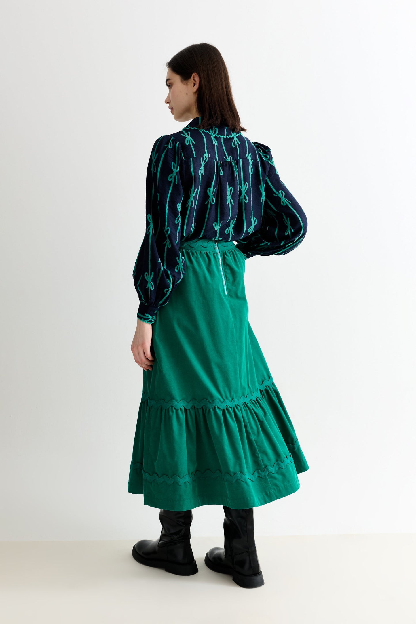 Montana Babycord Ric Rac Trim Tiered Midi Skirt - Teal