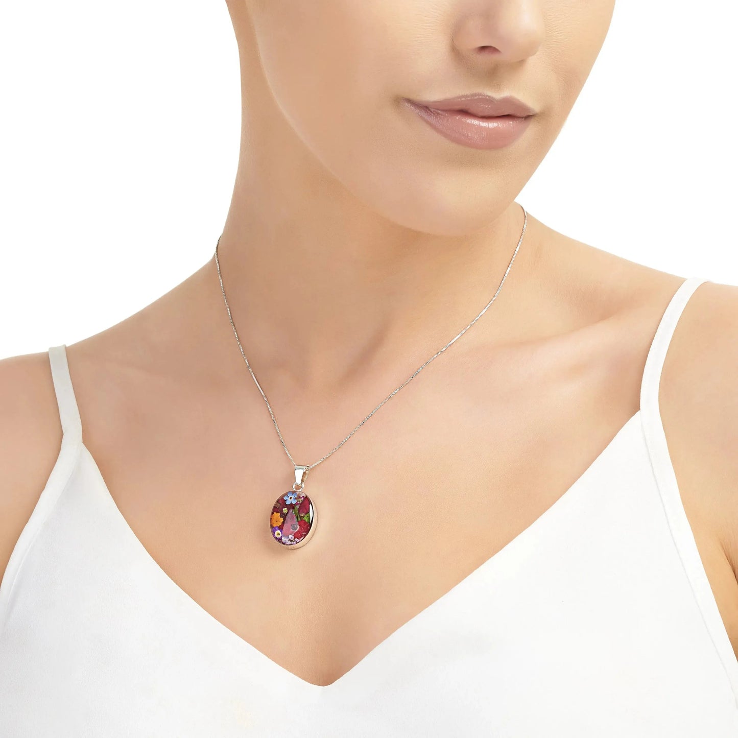 Real flower necklace. Sterling silver oval pendant for gardener, florist, nature lovers