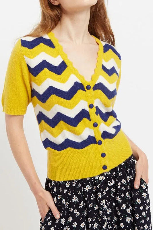 Louche Jeanie Zig Zag Stripe Short Sleeve Cardigan Mustard