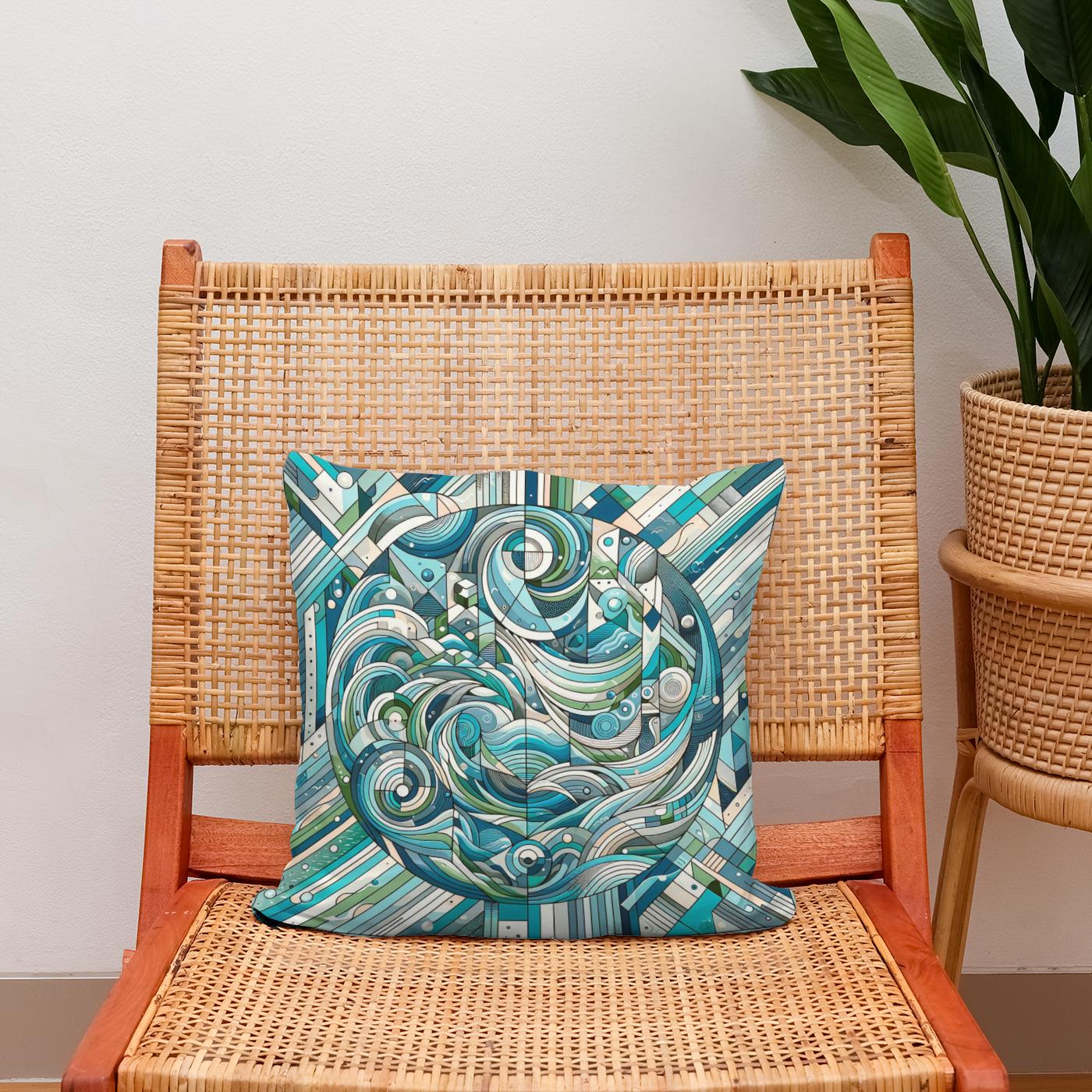 Aquatic Harmony Geometric Dance Cotton Cushion