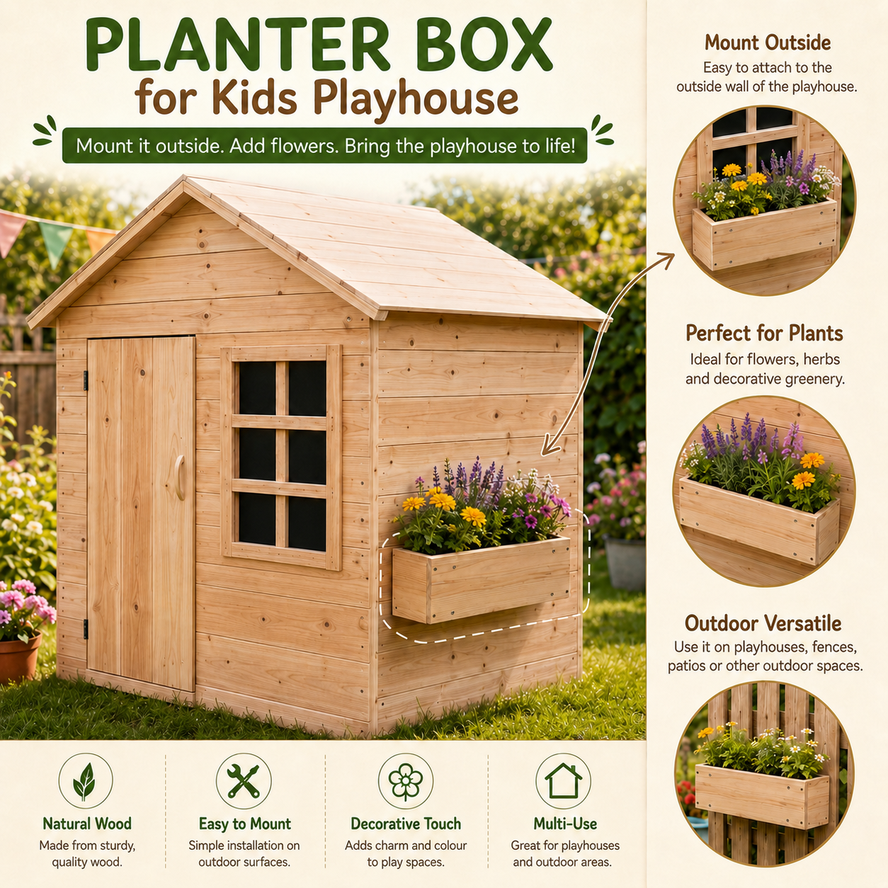 Wooden Playhouse Planter Box Accessory