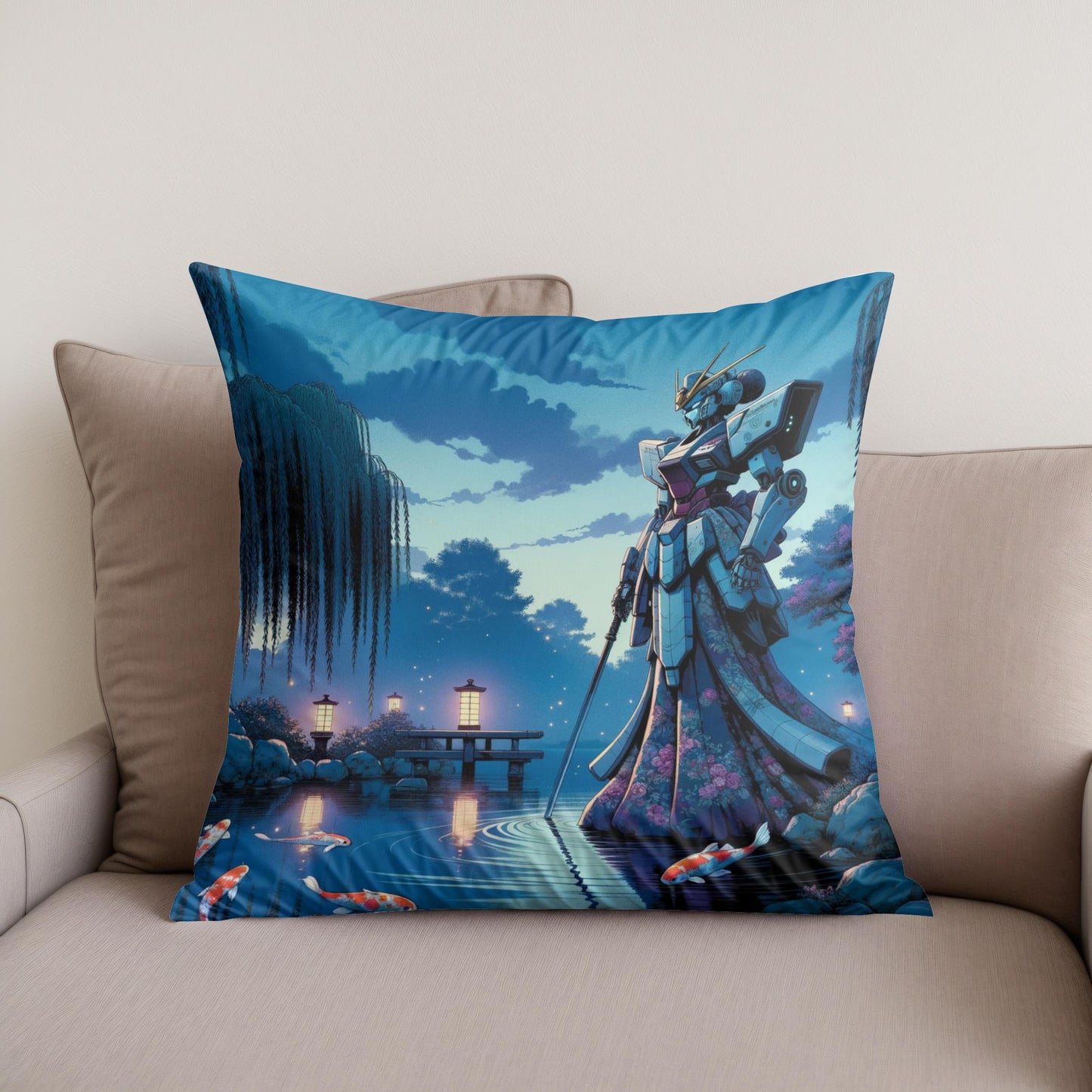 Mecha Geisha at Dusk Cotton Cushion