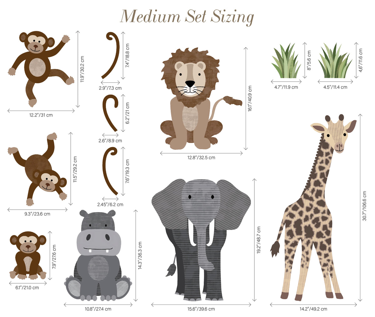 Large Safari Animals & Monkeys Wall Decals | Front-Facing Style | Jungle Nursery