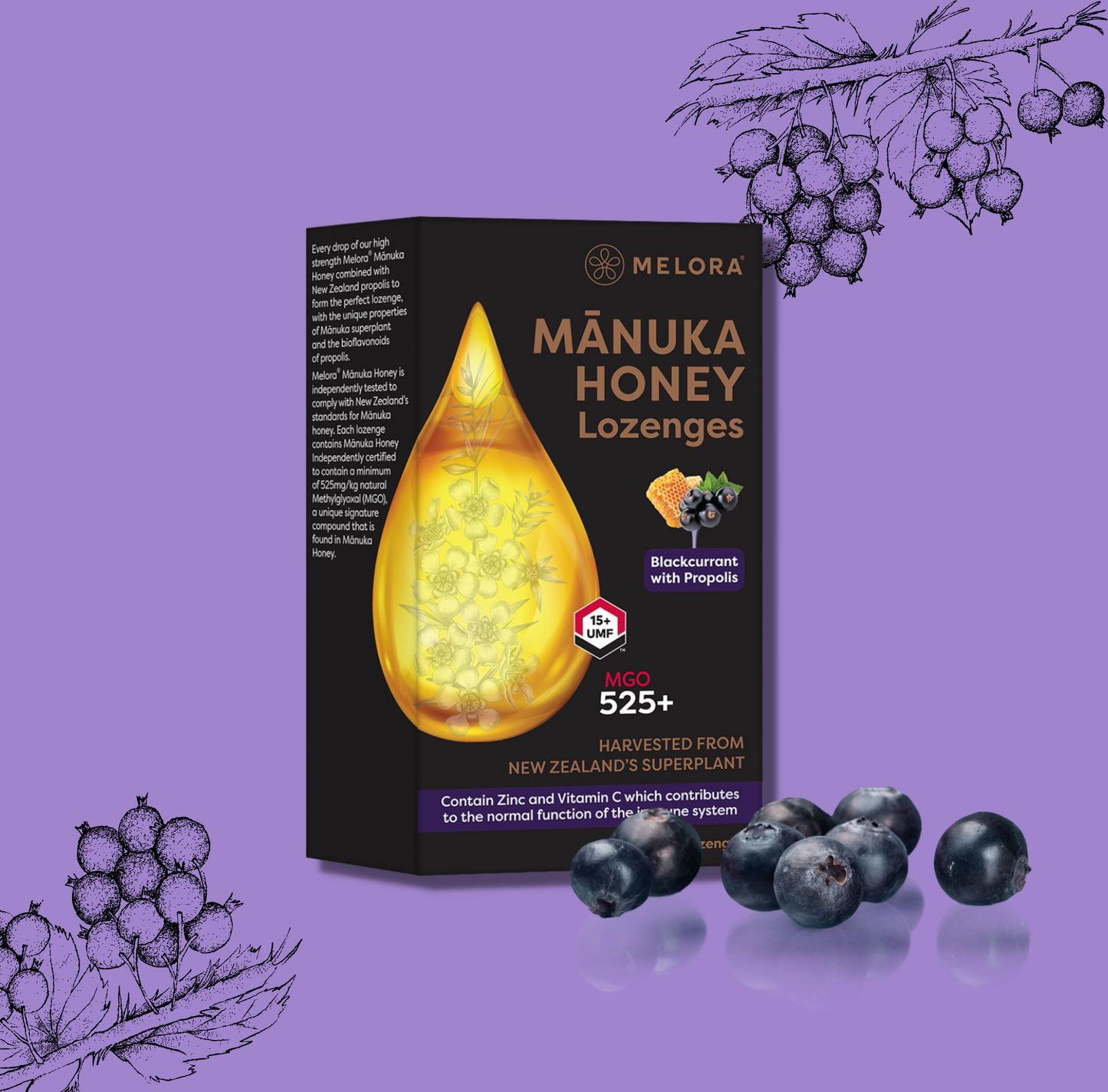 Manuka Honey 525 MGO, Propolis, Blackcurrant and Peppermint Lozenges