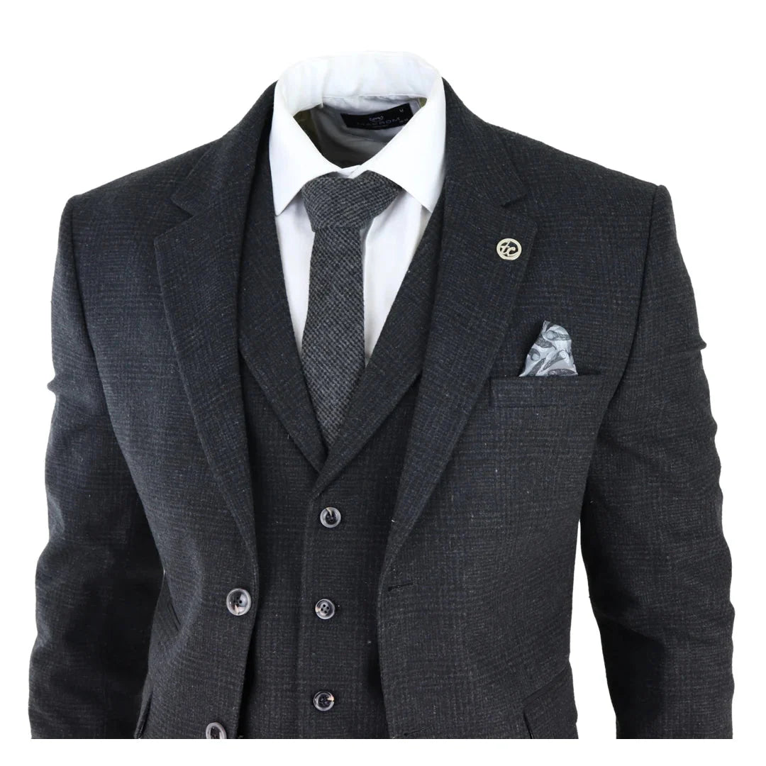 AK-11 - Men's Black Tweed 3 Piece Suit Check 1920s Gatsby Blinders