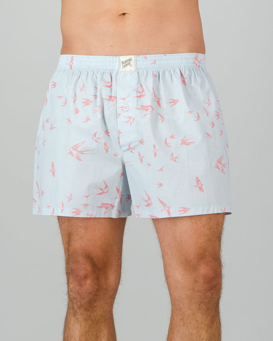 Mens Boxer Shorts - Pink Swallows on Pale Blue