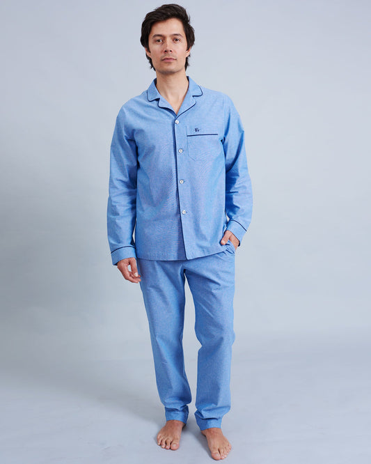 Mens Long Pyjamas - Chambray Blue Sky