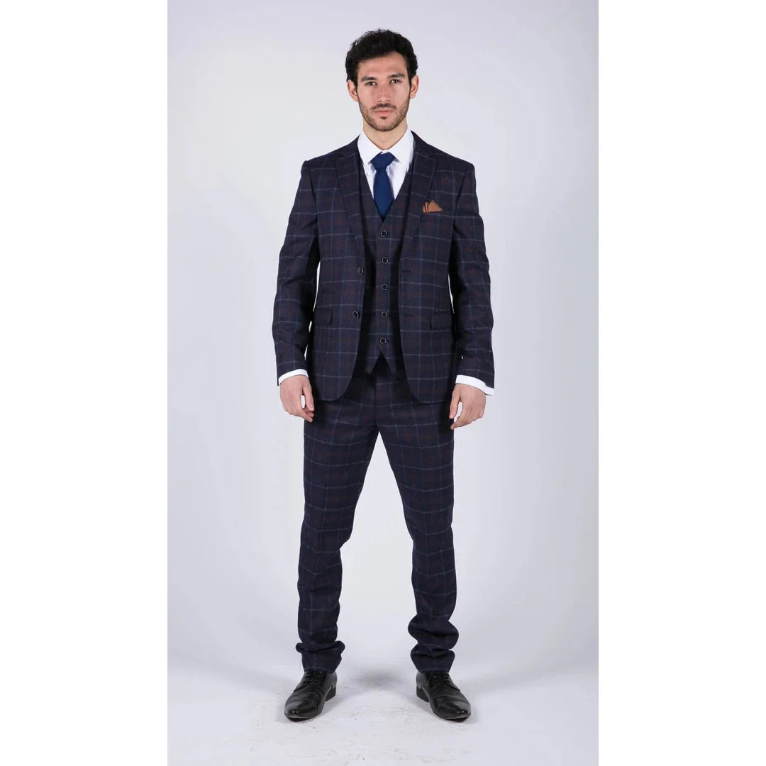 Kenneth - Men's 3 Piece Blue Suit Herringbone Tweed Check 1920s Wedding Prom