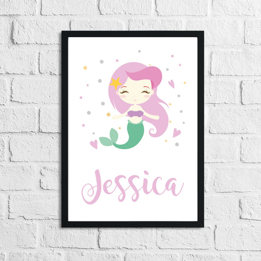 Personalised Name Mermaid Kids Children's Room Wall Decor Print