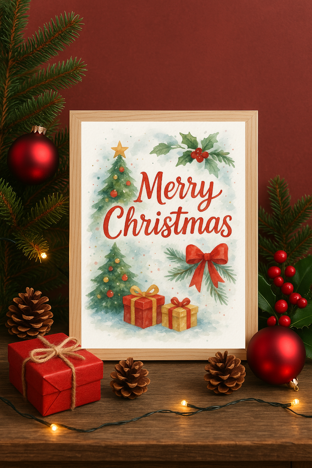 Merry Christmas Wall Art – Festive Tree & Gifts Holiday Print