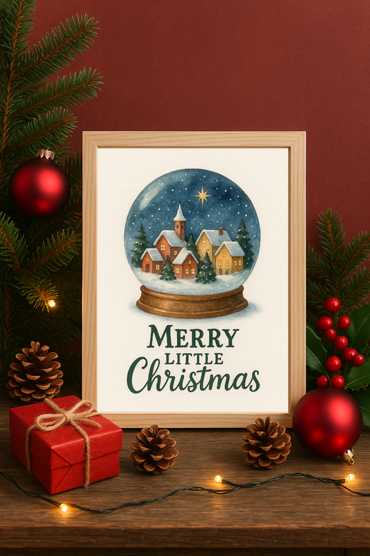 Merry Little Christmas Snow Globe Wall Art – Festive Village Scene Print