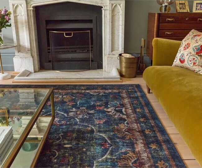Eco-Washable Blue Rug Vintage Design