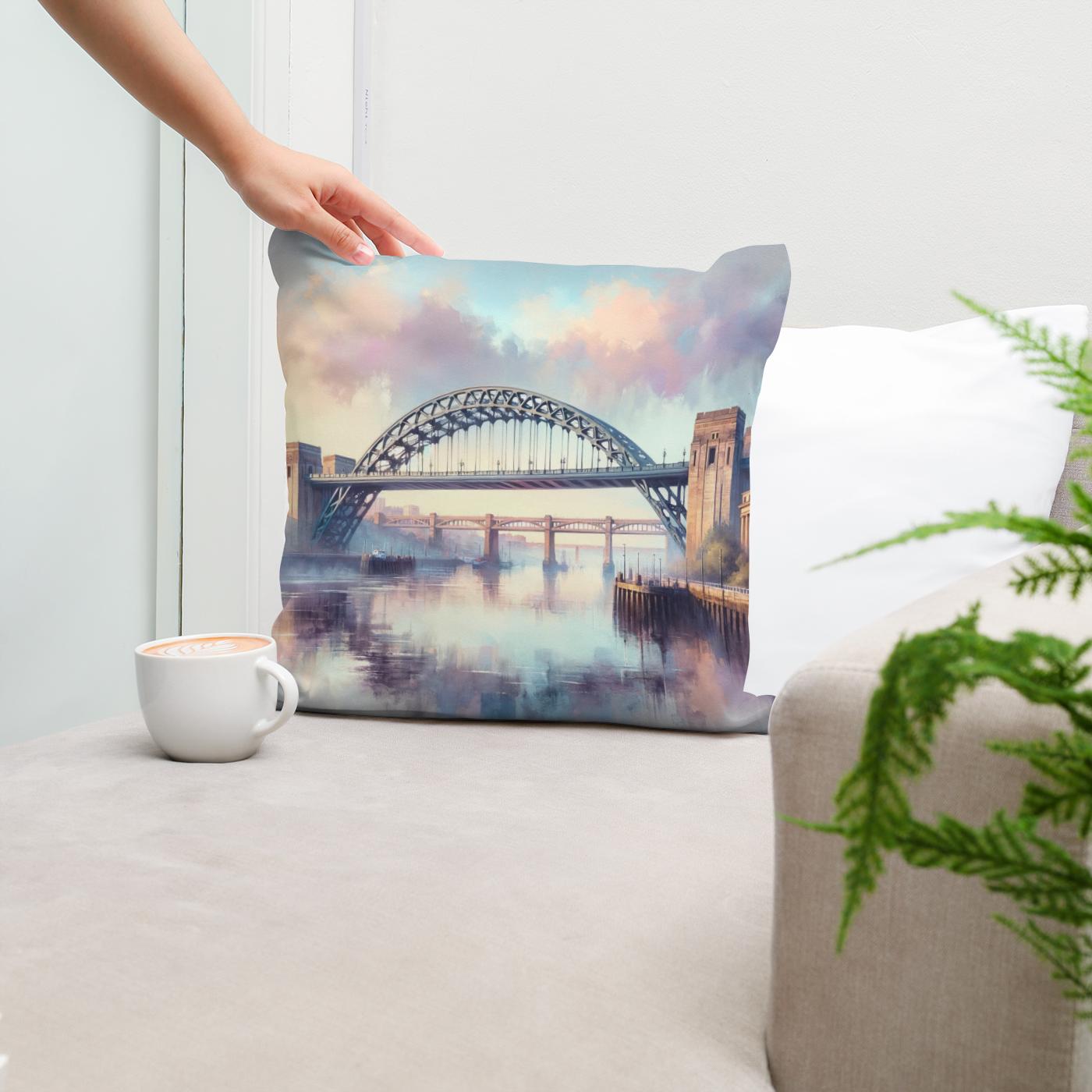 Newcastle Tyne Bridge Dawn Cotton Cushion