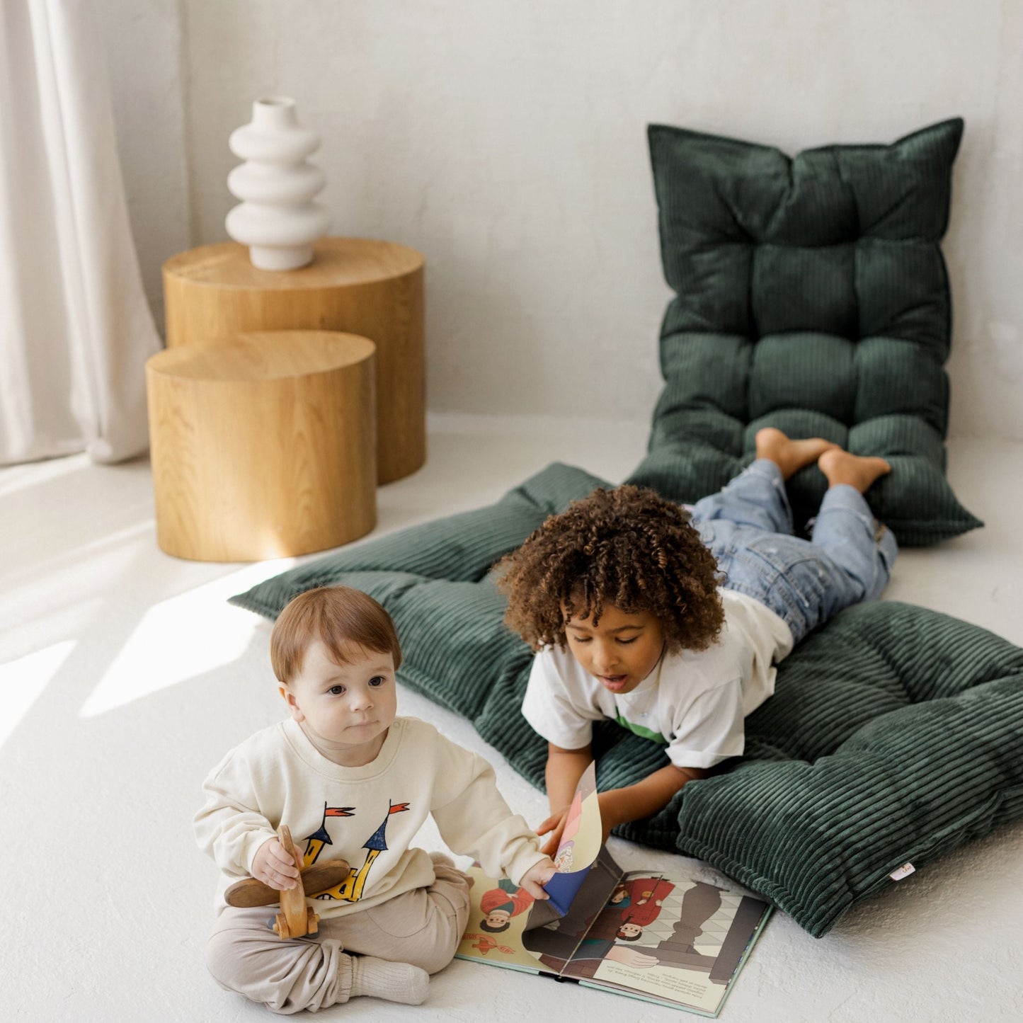 MINICAMP Tufted Corduroy Floor Cushion, French Style Pillow in Petrol Green