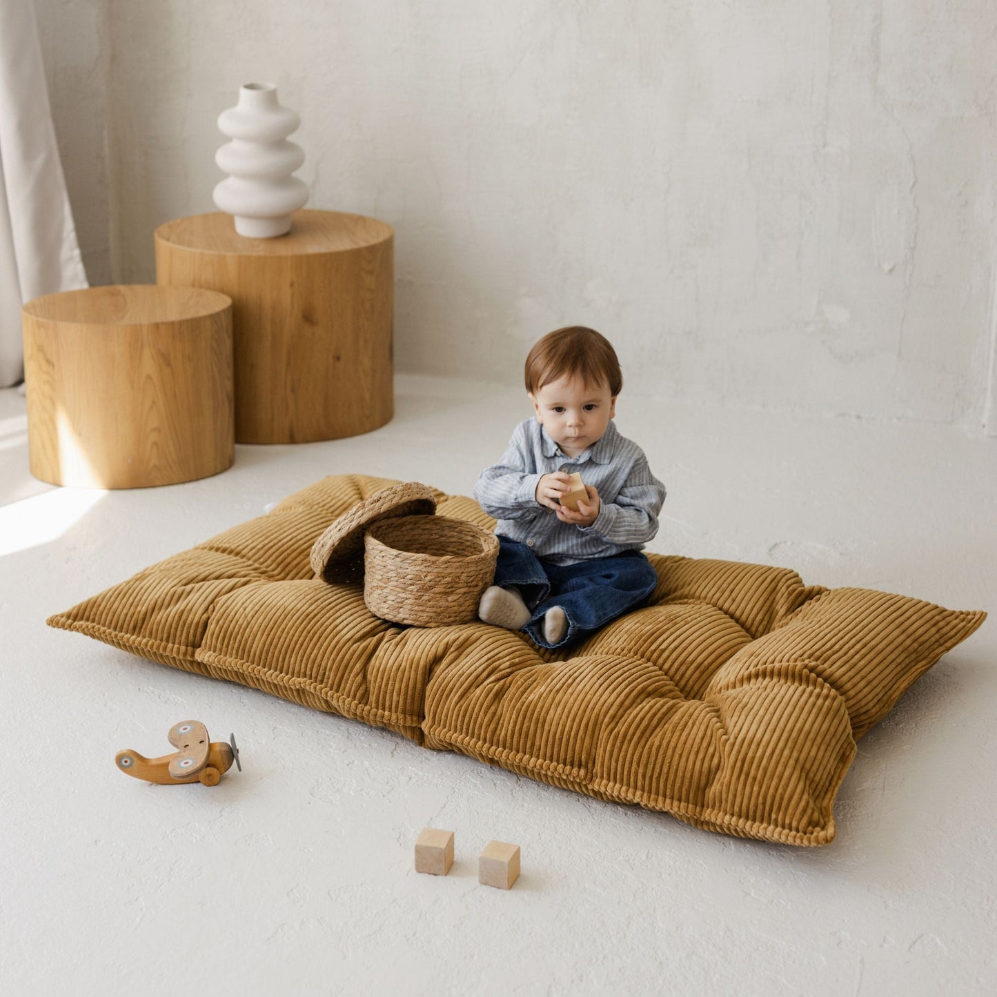 MINICAMP Tufted Corduroy Floor Cushion, French Style Pillow in Mustard