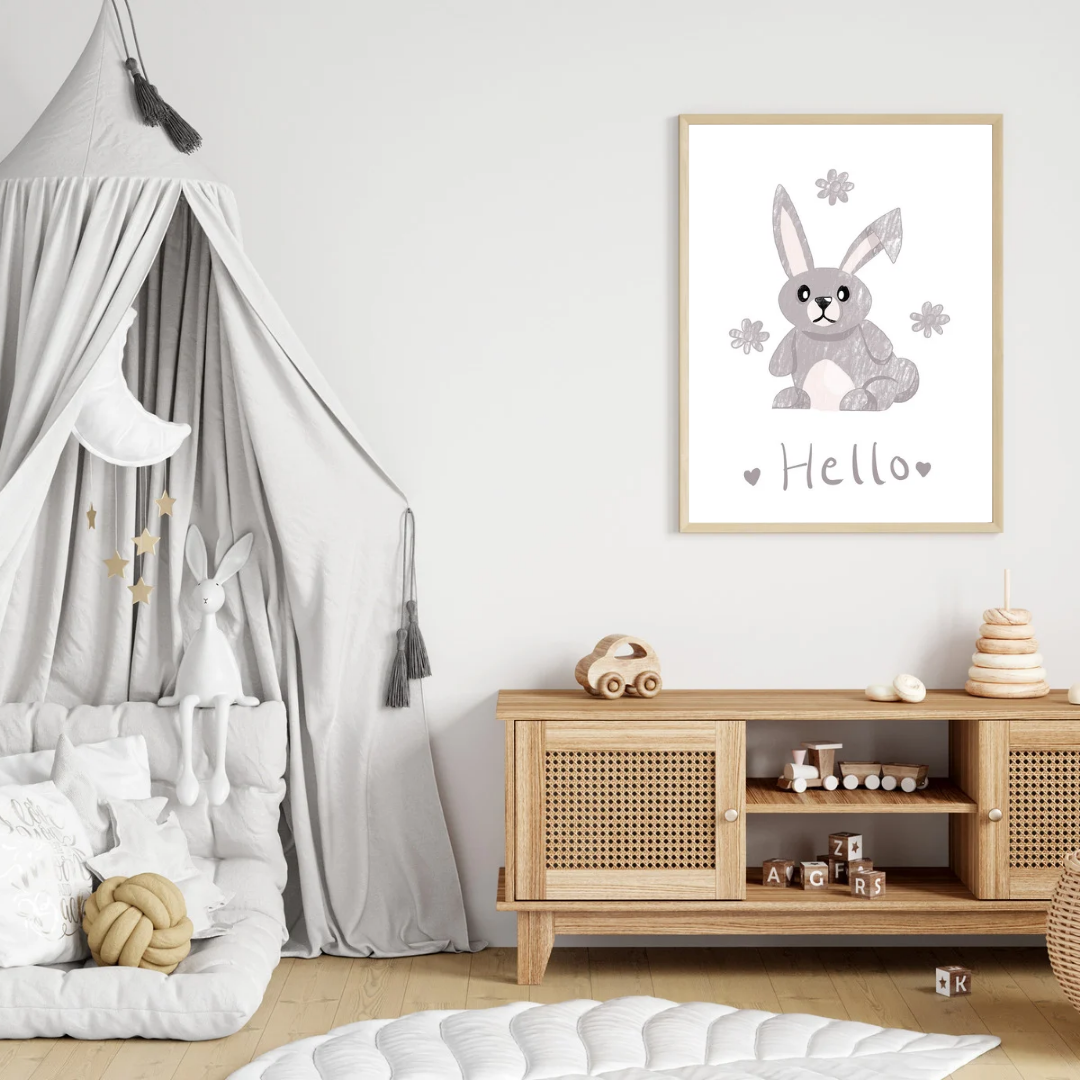 Hello Bunny – Grey Rabbit Nursery Print with Flowers