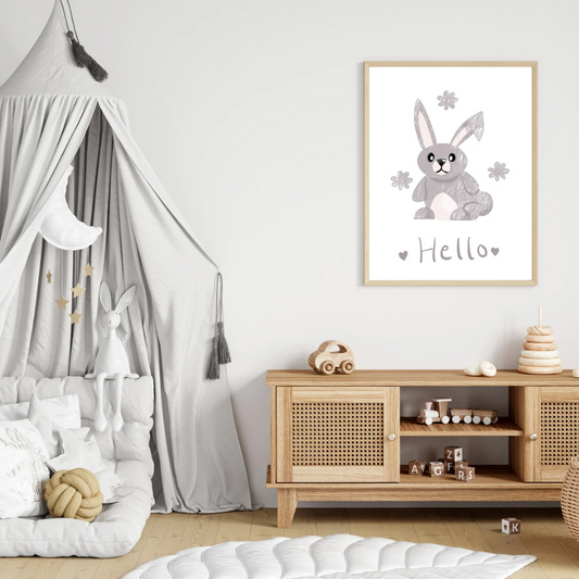 Hello Bunny – Grey Rabbit Nursery Print with Flowers