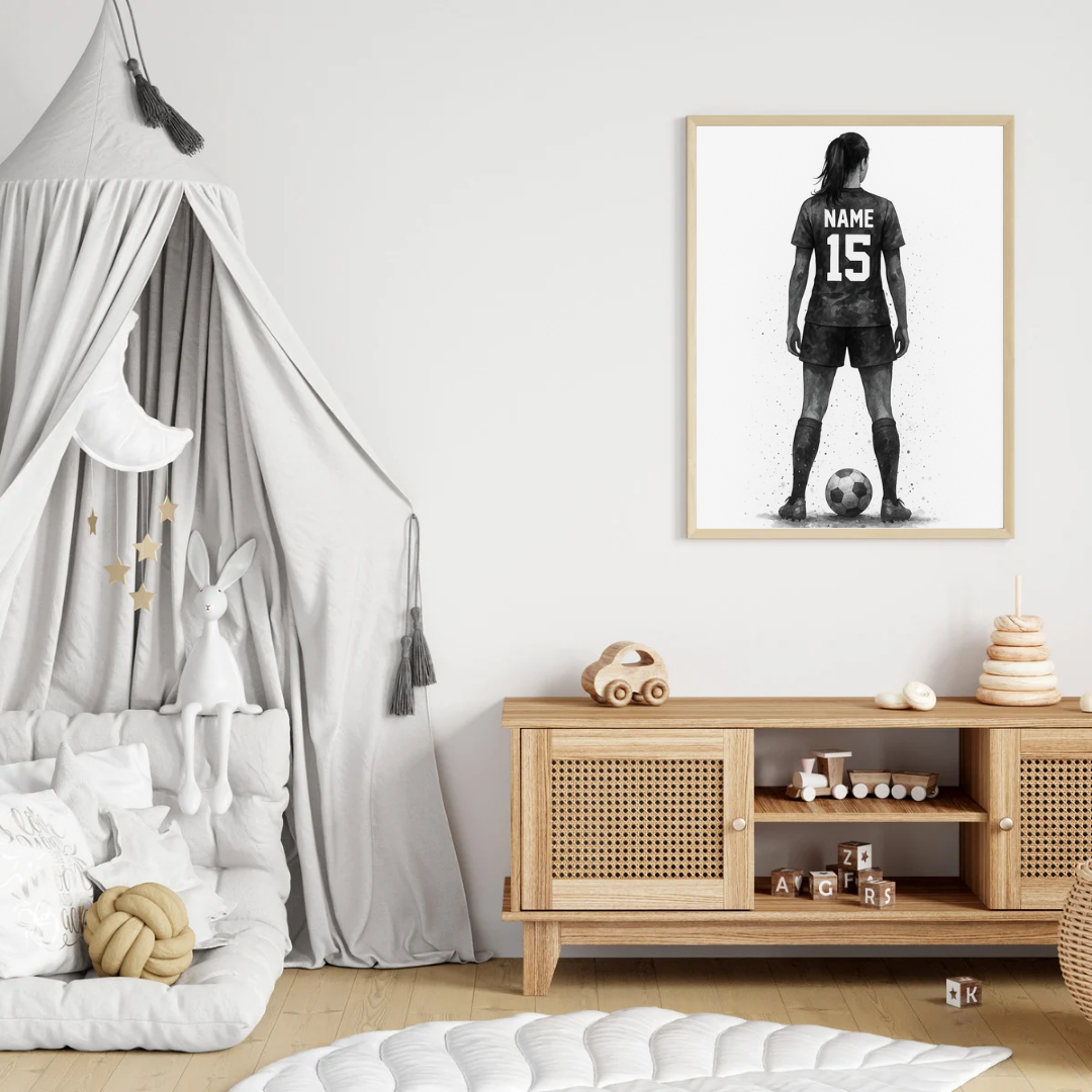Personalised Girls Football Poster – Custom Name & Number, Soccer Wall Art for Kids Room