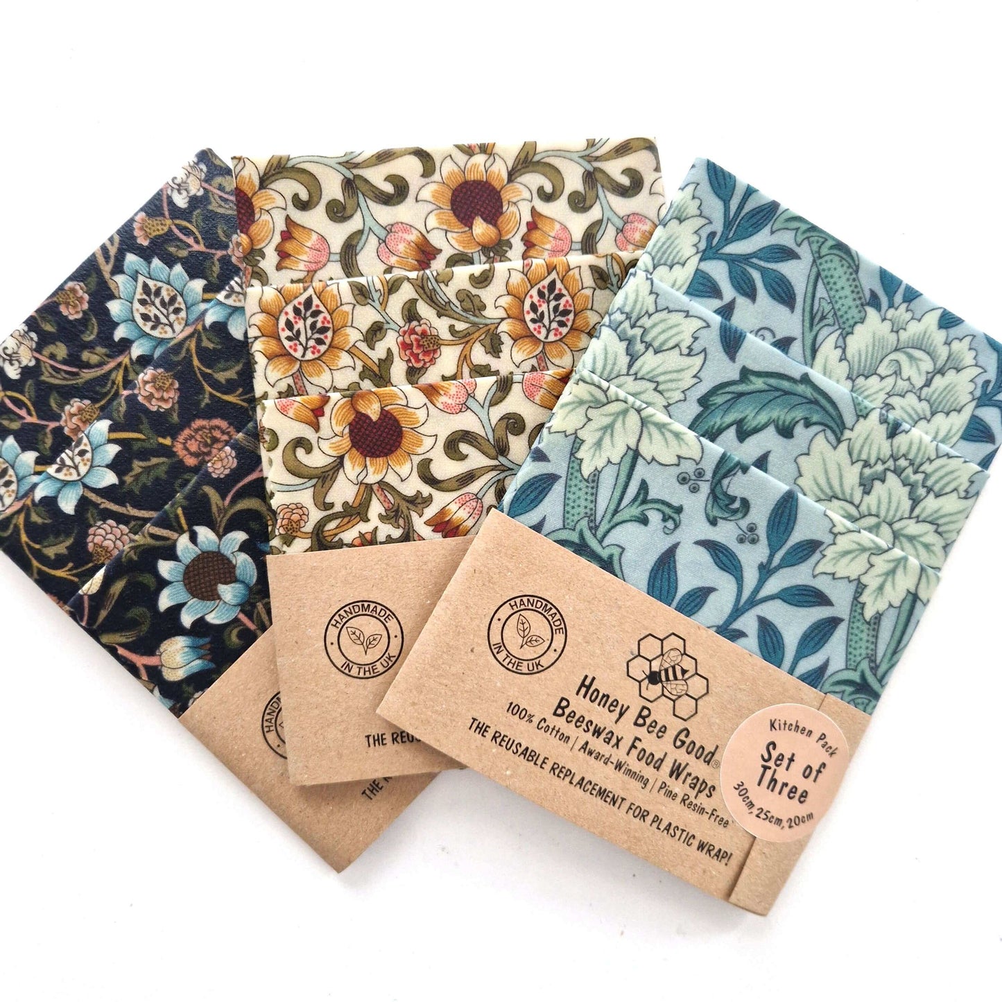Honey Bee Good British Beeswax Set of 3 Handmade Beeswax Wraps | William Morris Evenlode Natural