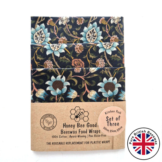 Honey Bee Good British Beeswax Set of 3 Handmade Beeswax Wraps | William Morris Evenlode Blue
