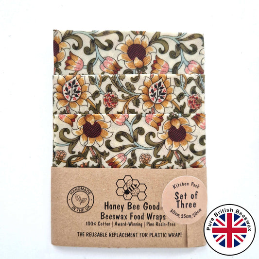 Honey Bee Good British Beeswax Set of 3 Handmade Beeswax Wraps | William Morris Evenlode Natural