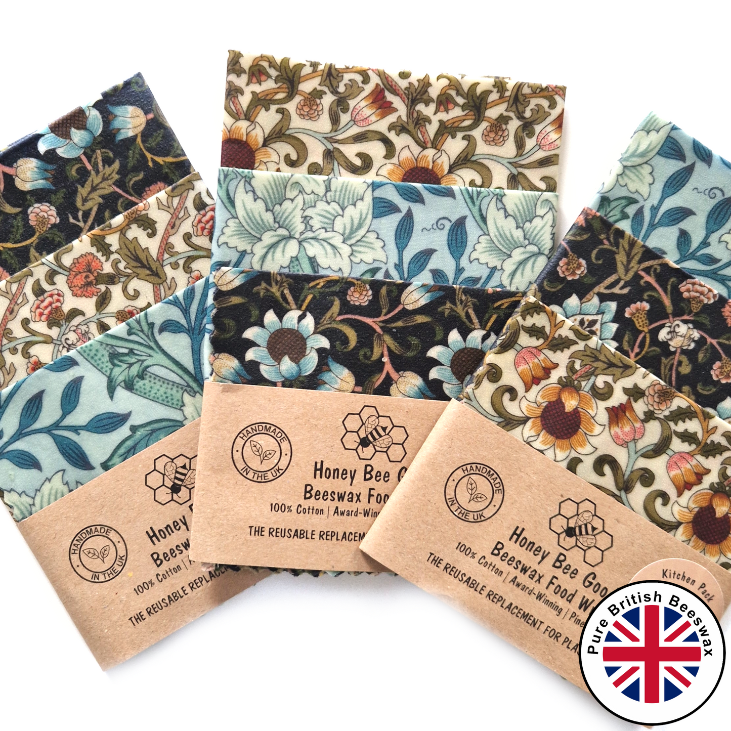 Honey Bee Good British Beeswax Set of 3 Handmade Beeswax Wraps | William Morris Hammersmith