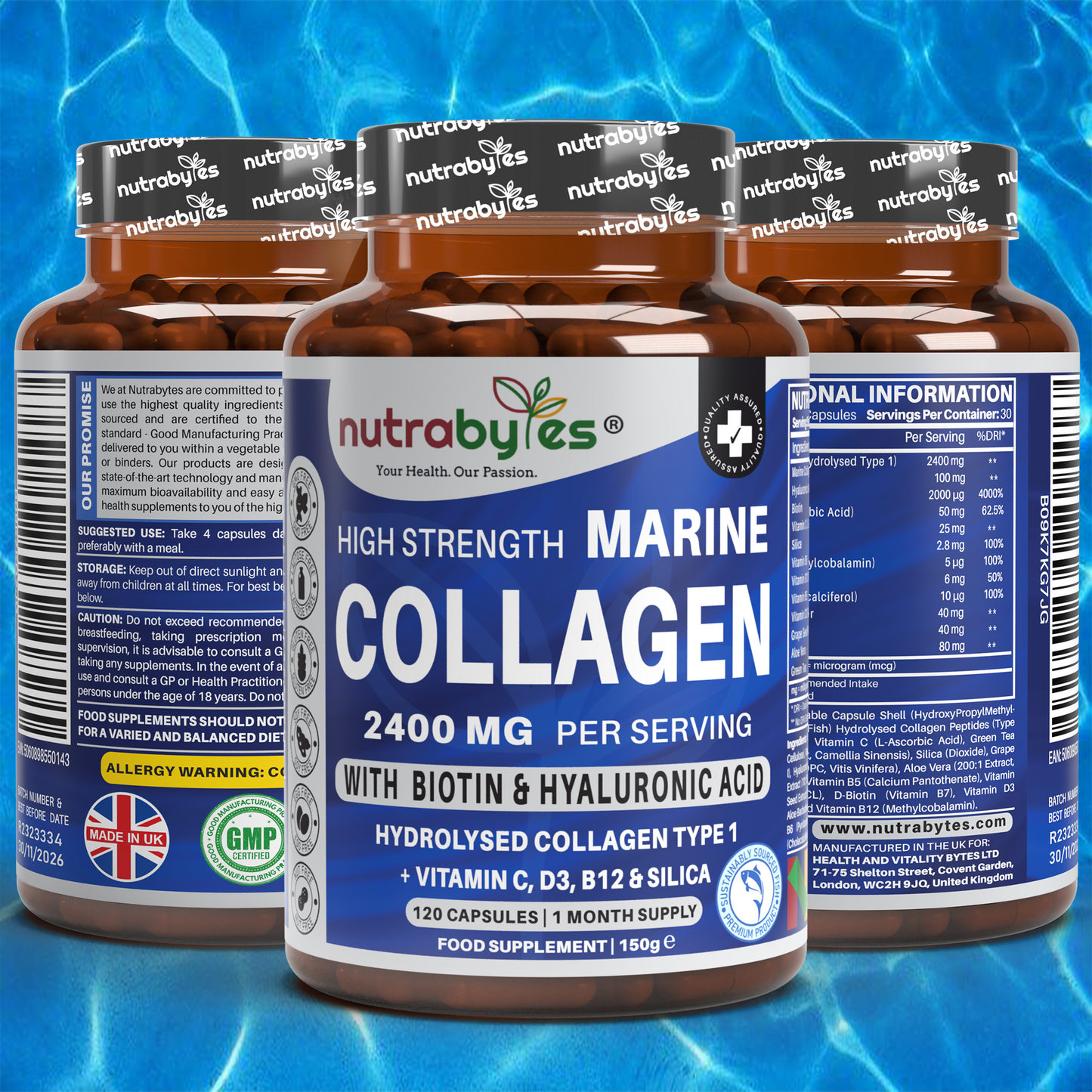 High Strength Marine Collagen Capsules 2400mg | 120 Capsules with Vitamin C, Hyaluronic Acid & Biotin | Made in UK