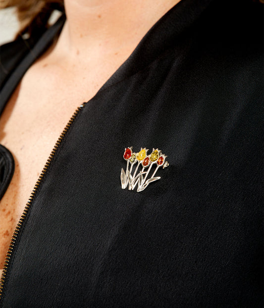 Multicolour Tulip Amber Brooch