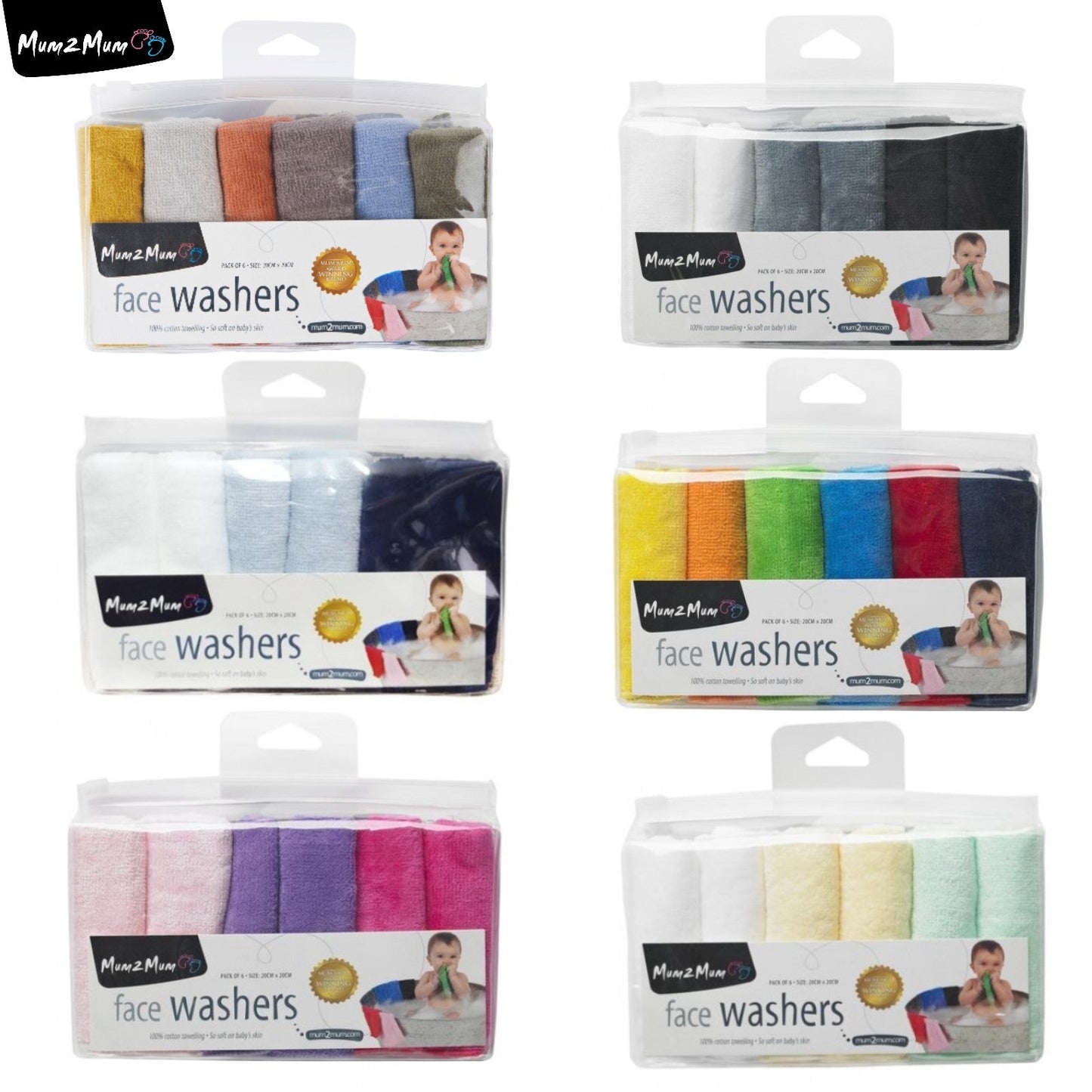 Mum 2 Mum Cotton Facewashers / Reusable Wipes - 6 Pack - EARTH TONES