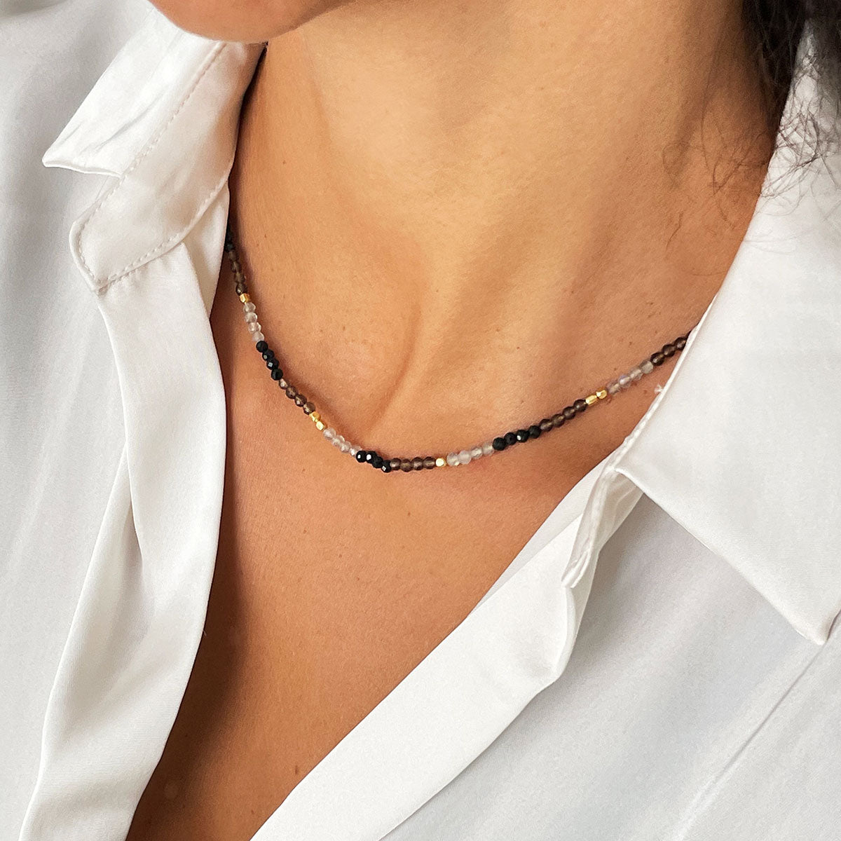 Milos Mixed Gemstone Beaded Necklace  Black Onyx, Smoky Quartz & Labradorite