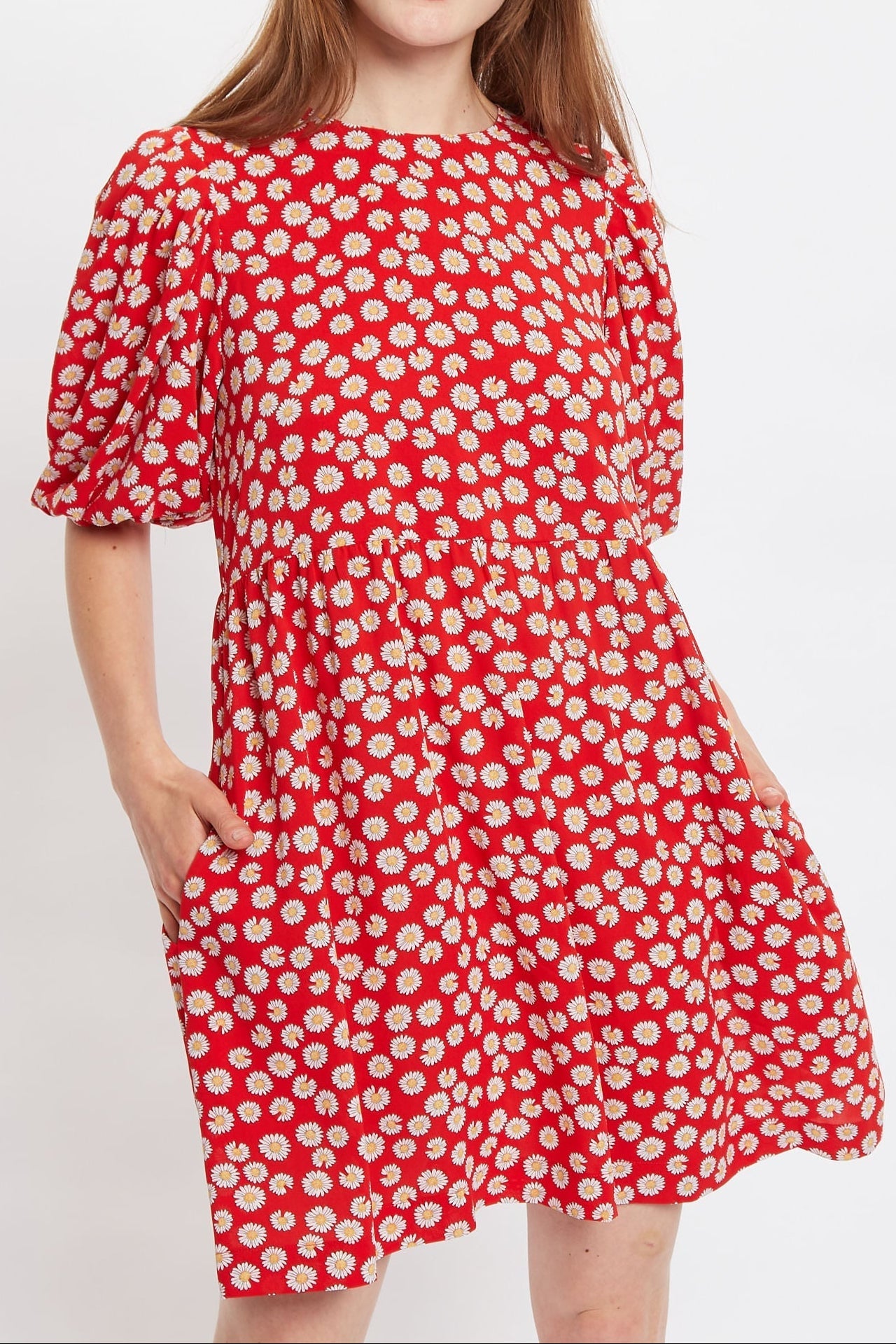 Louche Nacera Daisy Dancer Print Statement Sleeve Mini Dress - Red