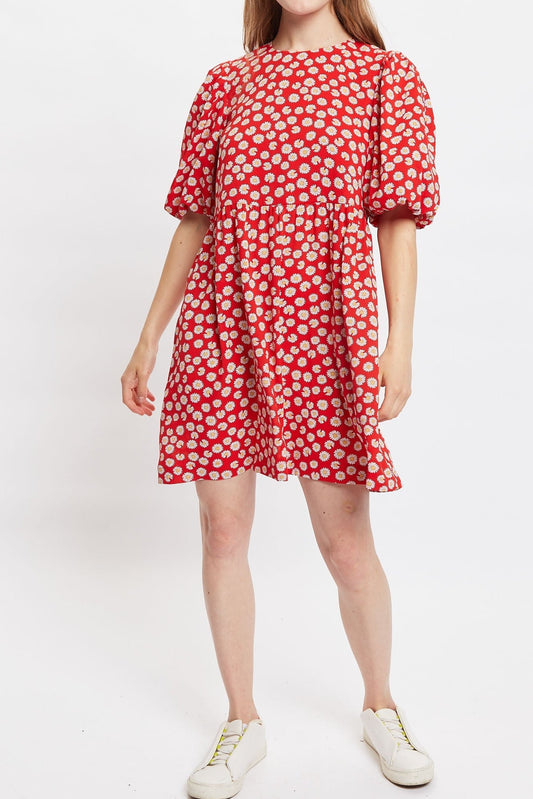 Louche Nacera Daisy Dancer Print Statement Sleeve Mini Dress - Red