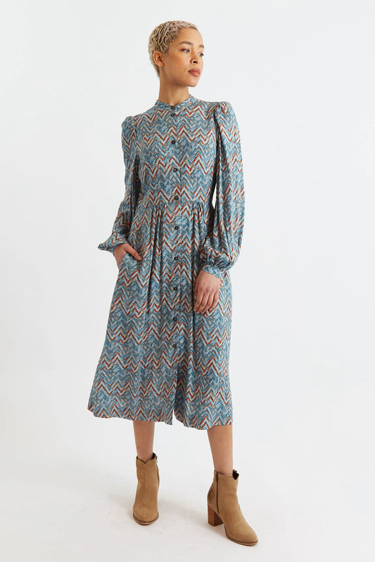 Nayma Art Attack Print Long Sleeve Midi Dress - Duck Egg