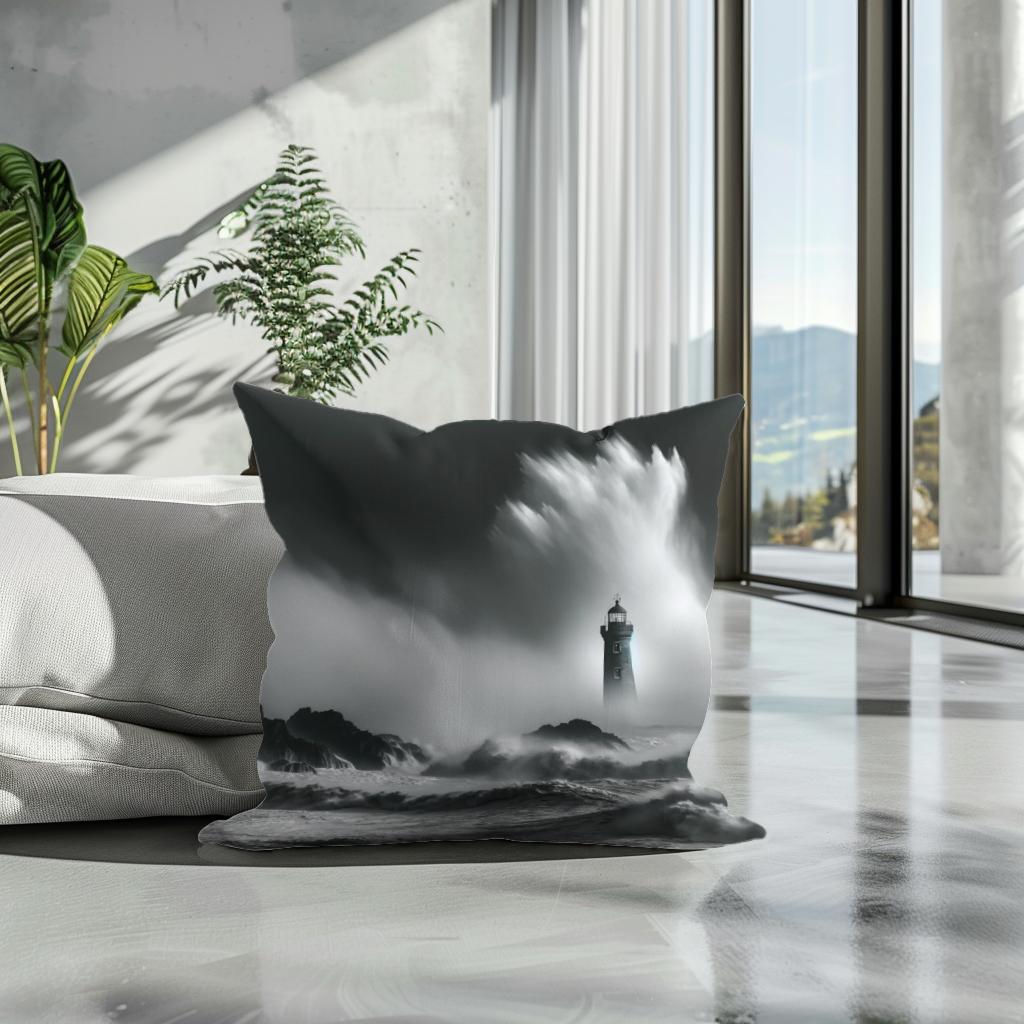 Solitary Beacon: Stormy Seas Cotton Cushion