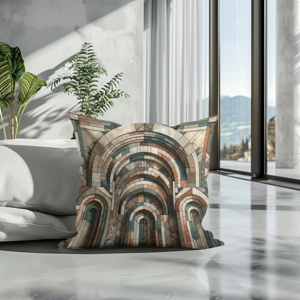 Geometric Harmony of Rustic Arches Cotton Cushion