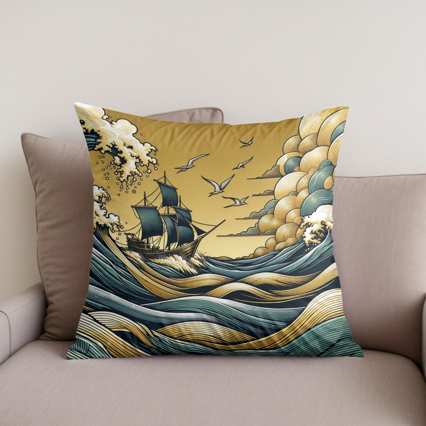 Golden Seascape Voyage Cotton Cushion