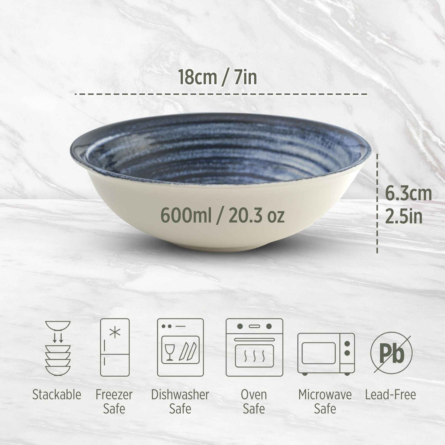 Set of 4 Porcelain Soup&Cereal Bowls – Morar, Deep Tide – 18cm
