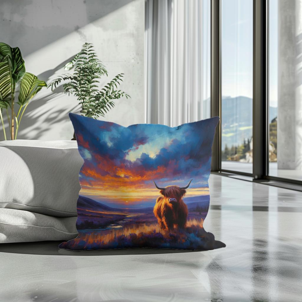 Twilight Contrast Highland Cow Cotton Cushion