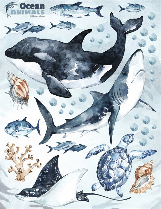Ocean Predators Decal Set - Orca, Great White Shark, Stingray + More - Watercolour effect stickers