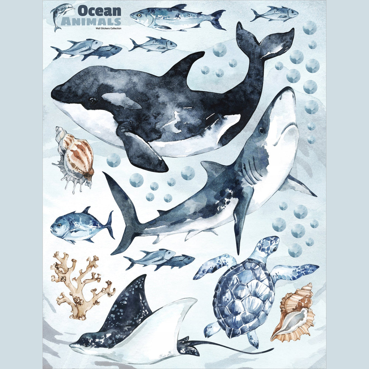 Ocean Predators Decal Set - Orca, Great White Shark, Stingray + More - Watercolour effect stickers
