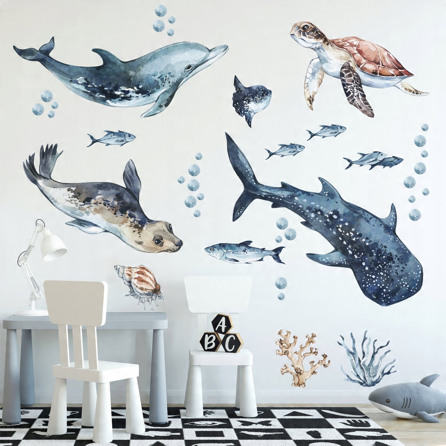 Sea Animals Variety Decal Set - Ocean Theme - Watercolour effect Dolphin, Shark, Turtle & Seal + more
