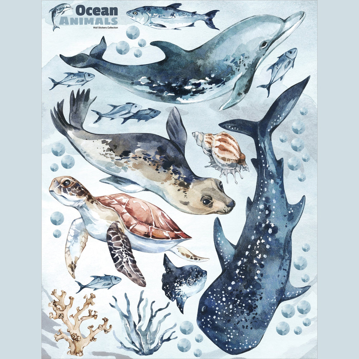Sea Animals Variety Decal Set - Ocean Theme - Watercolour effect Dolphin, Shark, Turtle & Seal + more