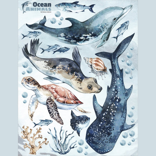 Sea Animals Variety Decal Set - Ocean Theme - Watercolour effect Dolphin, Shark, Turtle & Seal + more
