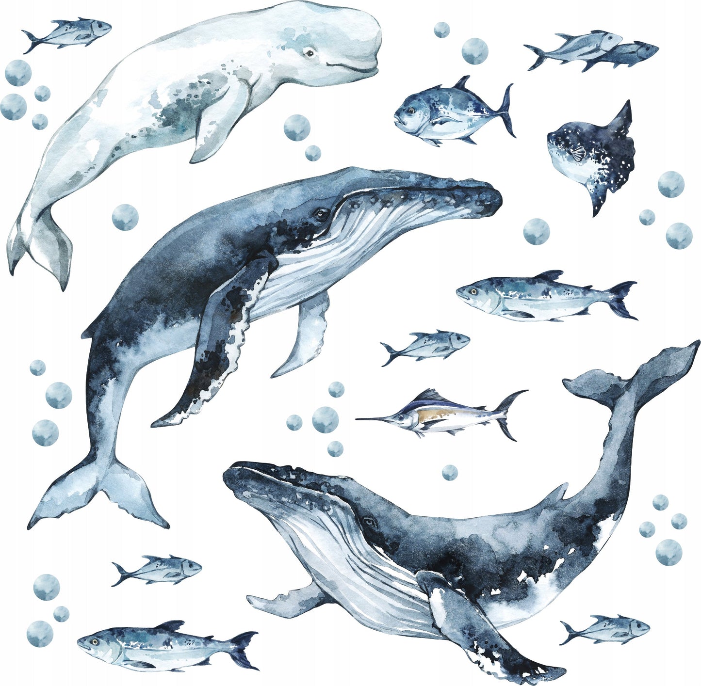 Whales & Fishes Decal Set - Ocean theme - Watercolour effect wall stickers