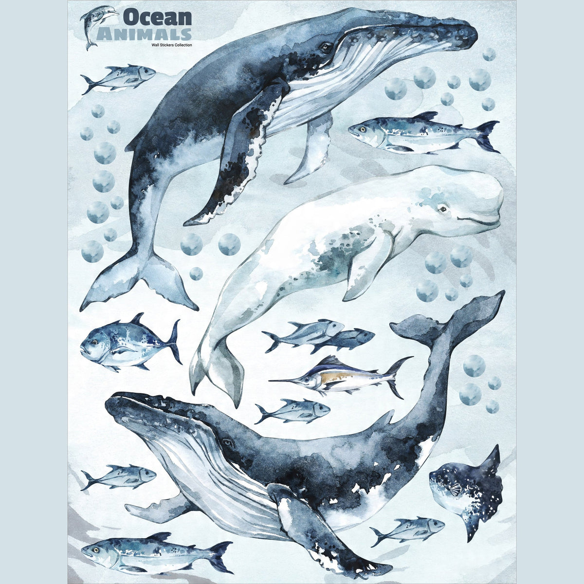 Whales & Fishes Decal Set - Ocean theme - Watercolour effect wall stickers